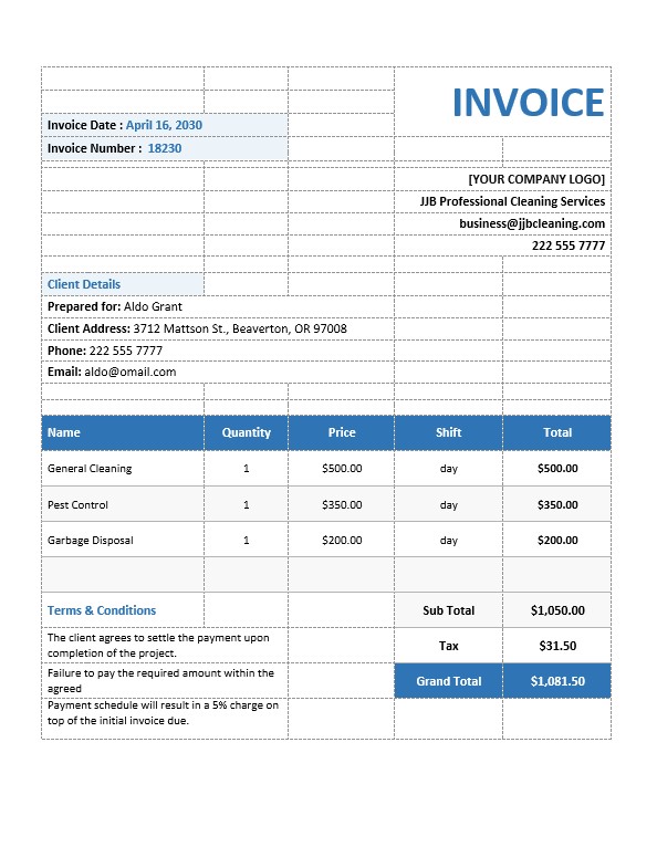 Commercial Cleaning Service Invoice Template PSD template